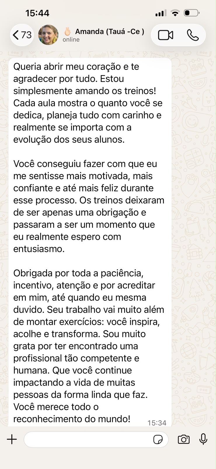 Print de depoimento de aluna no WhatsApp